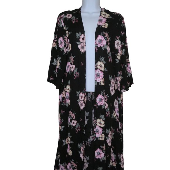 TORRID Womens Mid Length Floral Black Kimono Small Cover Up Open Front Duster - Picture 2 of 9